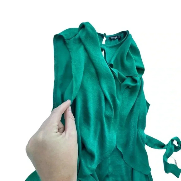 Women’s Satin Green Blouse features a tie-belt at waist, relaxed silhouette - Picture 6 of 14